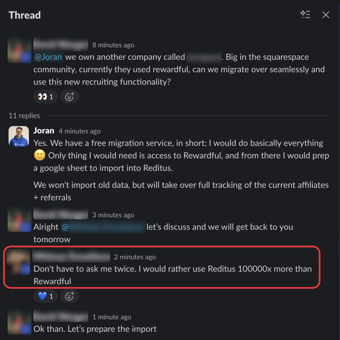 Rewardful ad - slack convo