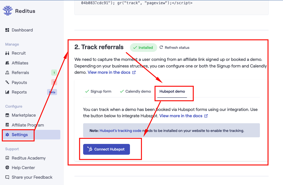 Hubspot calendar integration track referrals